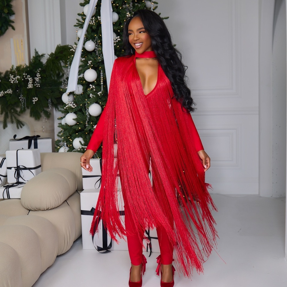 AKIRA Vibrant Red Fringe Poncho